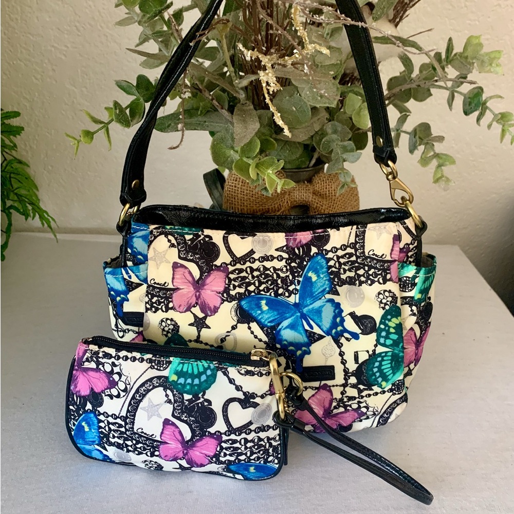 Coach Multicolor Butterfly Print Shoulder Bag and Wristlet LIMITED EDITION